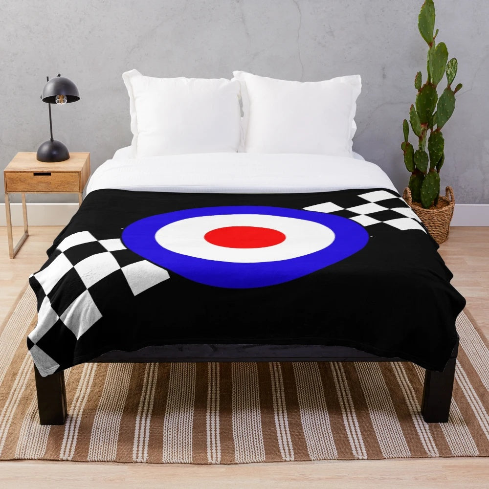 Retro checkered plush blanket with patriotic red, white, and blue accents