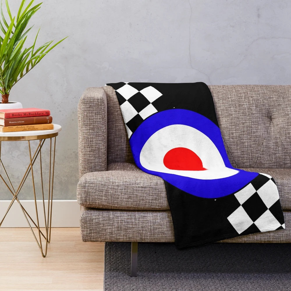 Retro checkered plush blanket with patriotic red, white, and blue accents