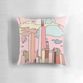 Vintage-style pillow featuring a dreamy Chicago cityscape sunset