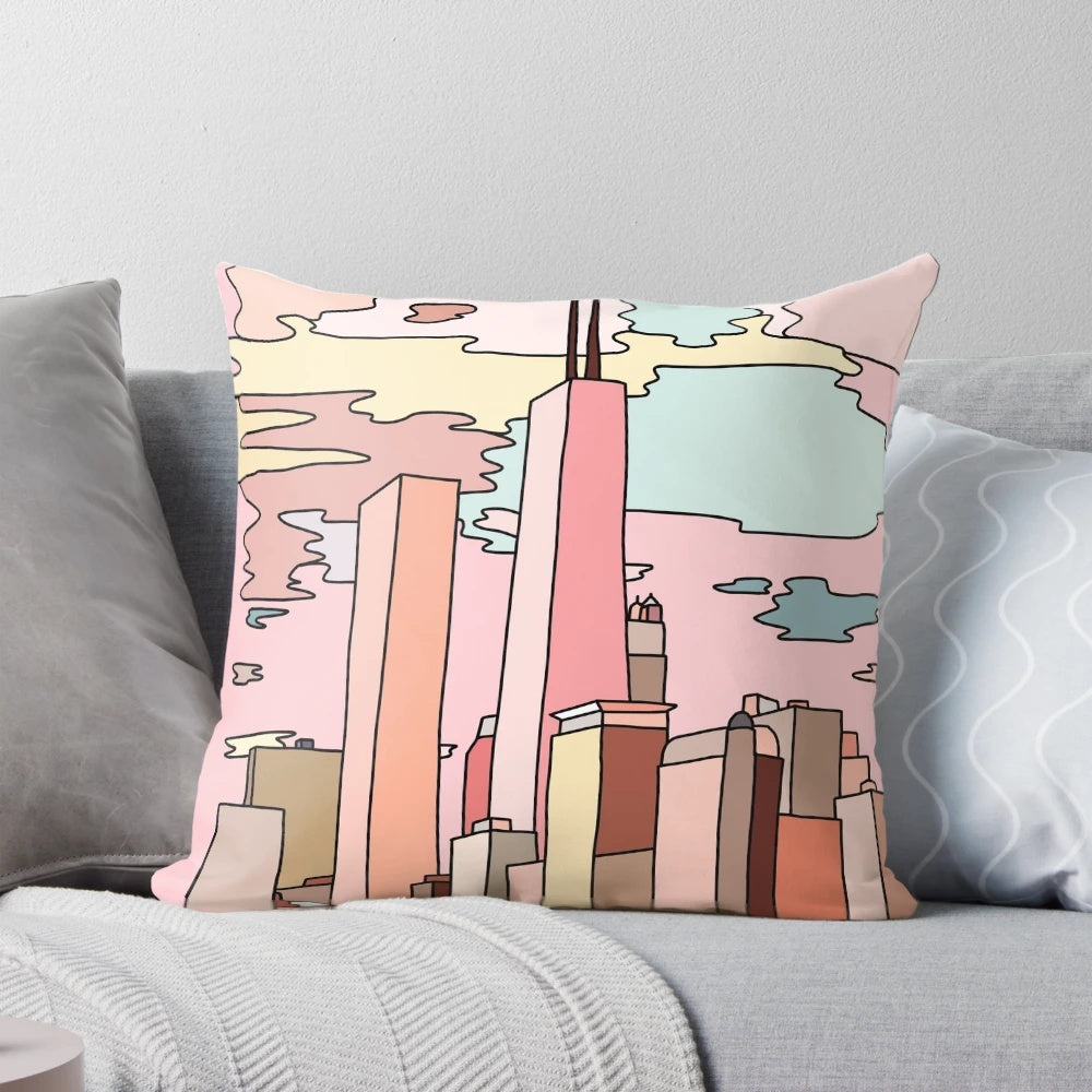 Vintage-style pillow featuring a dreamy Chicago cityscape sunset