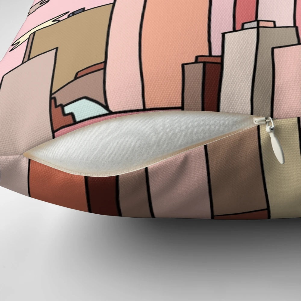 Vintage-style pillow featuring a dreamy Chicago cityscape sunset