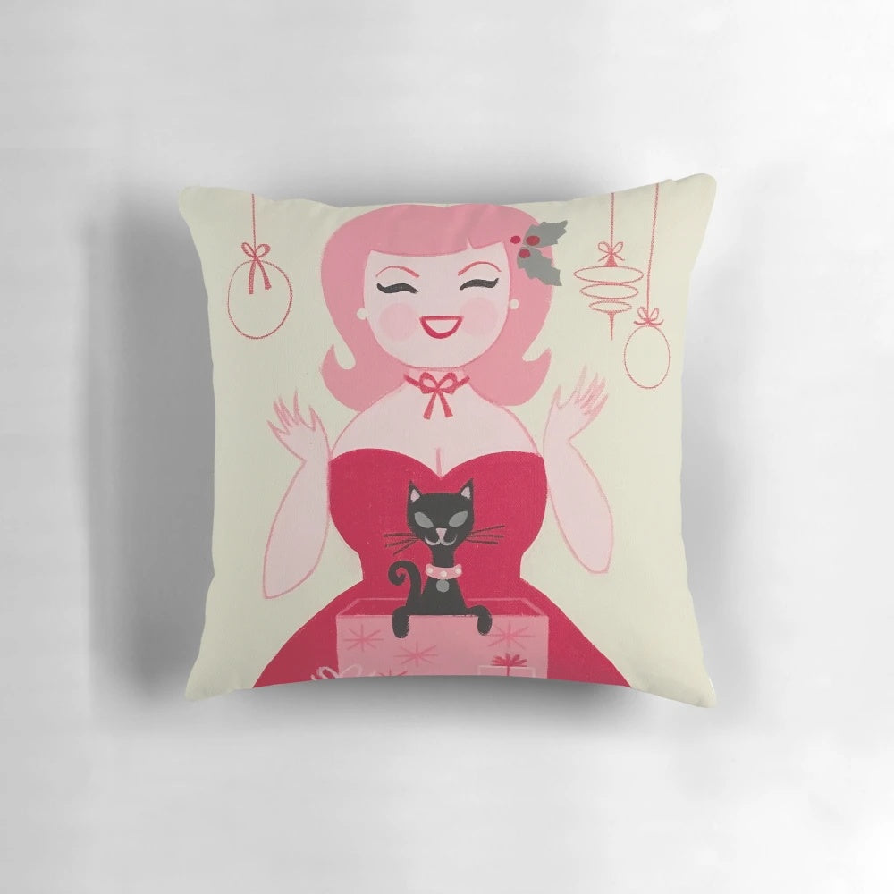 Retro holiday cat throw pillow featuring a black cat design in a mid-century modern style