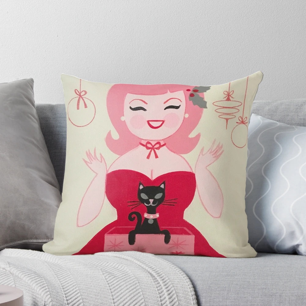 Retro holiday cat throw pillow featuring a black cat design in a mid-century modern style