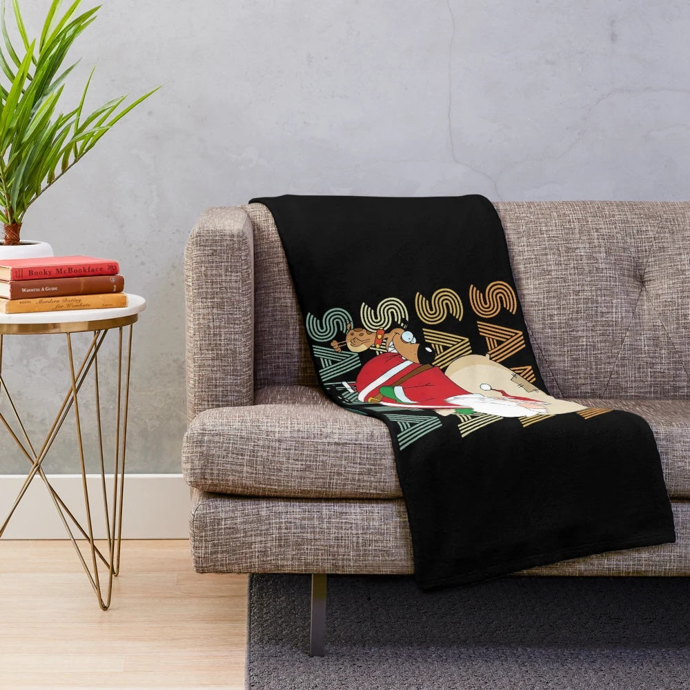 Retro Christmas dog biting Santa plush blanket