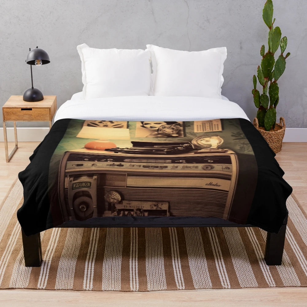 Retro-style plush blanket with classic movie design