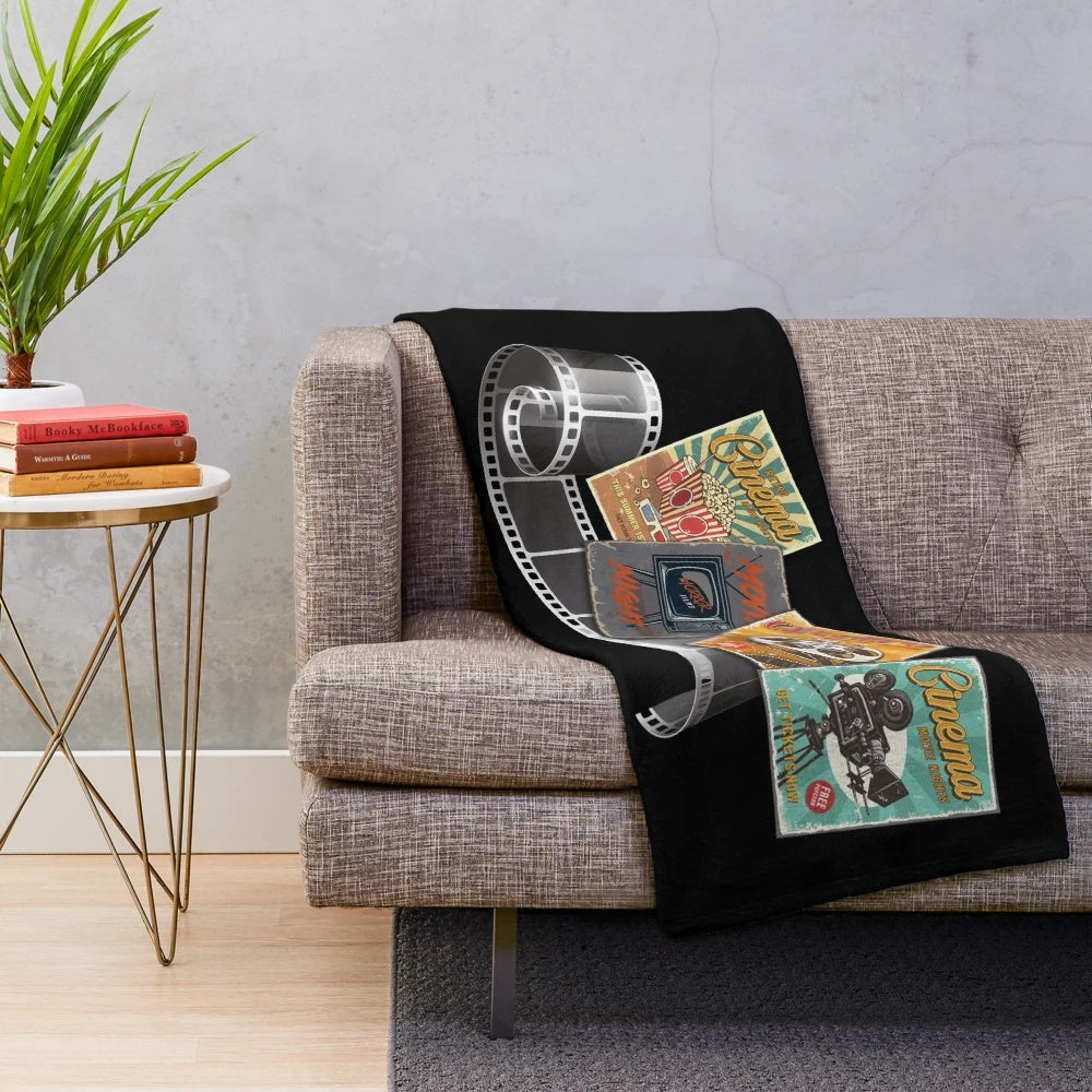 Retro cinema inspired plush movie theater blanket with vintage movie tickets and snacks graphics