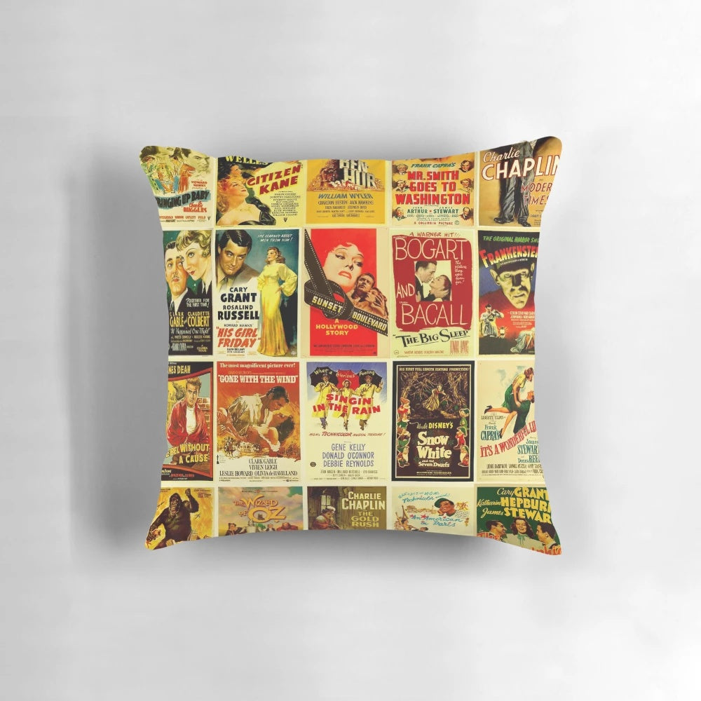 Vintage-style throw pillow featuring classic movie poster designs