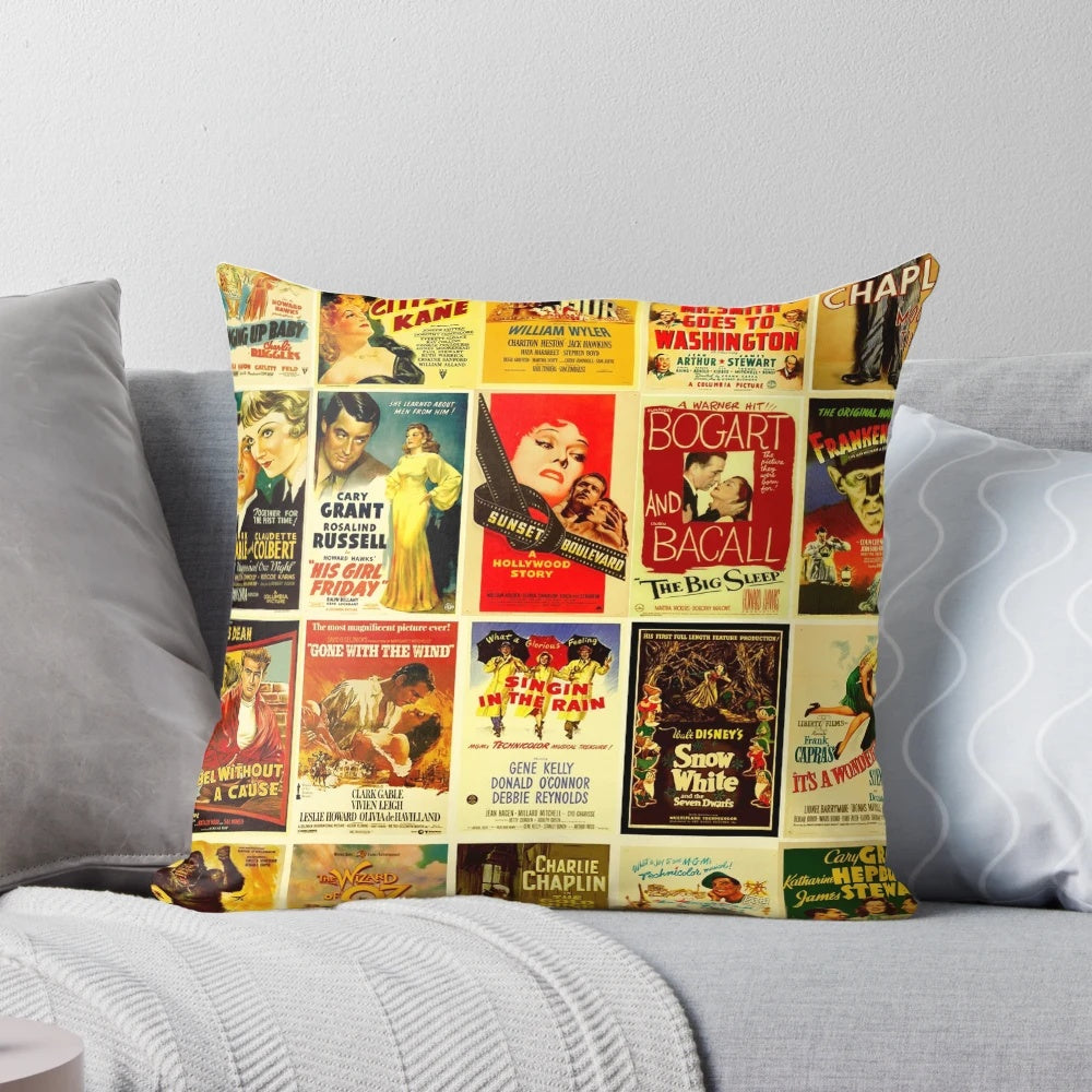 Vintage-style throw pillow featuring classic movie poster designs