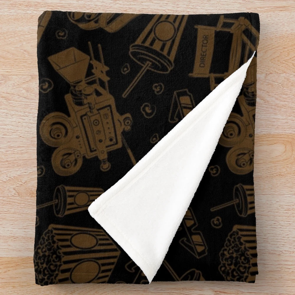 Retro cinema pattern black plush blanket with sepia toned movie design
