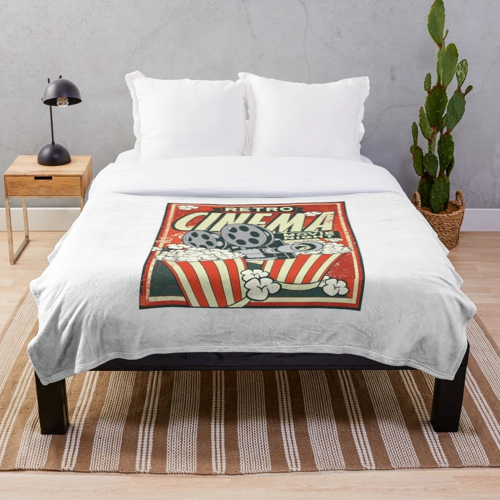 Retro cinema popcorn plush blanket with minimalist movie design