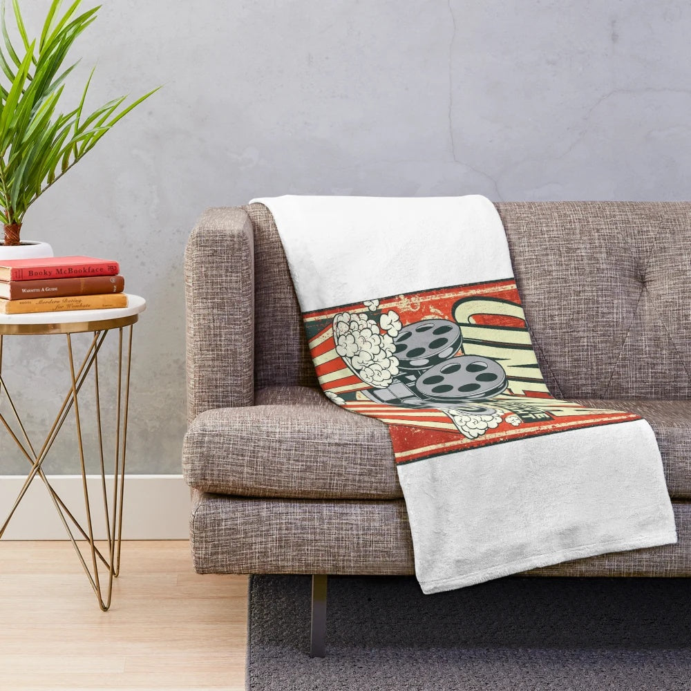 Retro cinema popcorn plush blanket with minimalist movie design