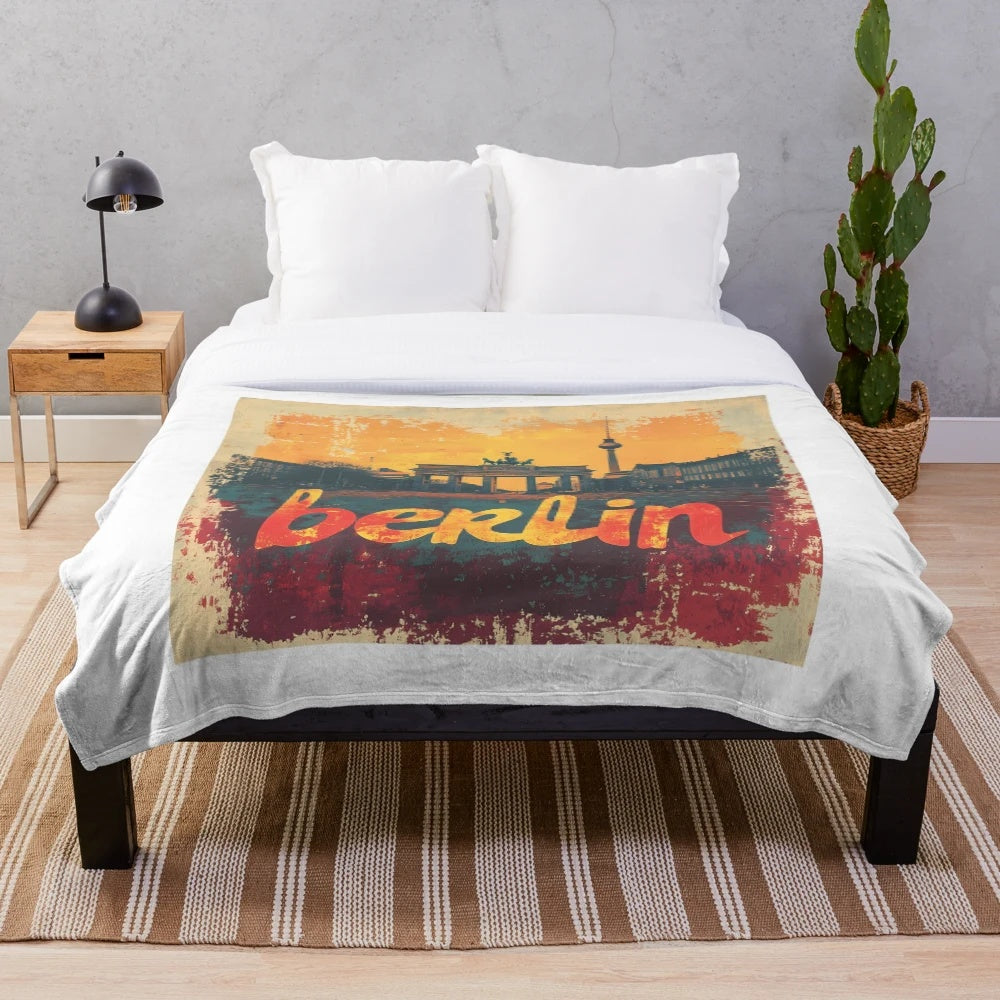 Retro city design plush blanket featuring a pastel-colored illustration of the Berlin skyline