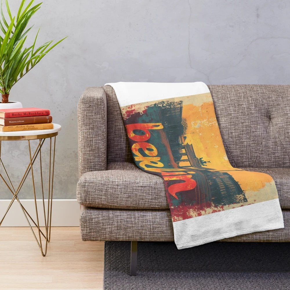 Retro city design plush blanket featuring a pastel-colored illustration of the Berlin skyline
