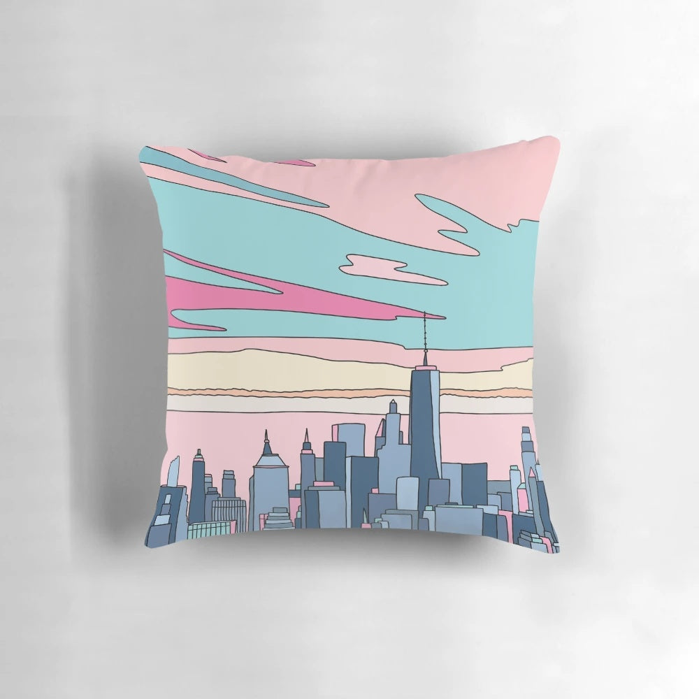 Retro cityscape pillow featuring a dreamy sunset over a vintage city skyline