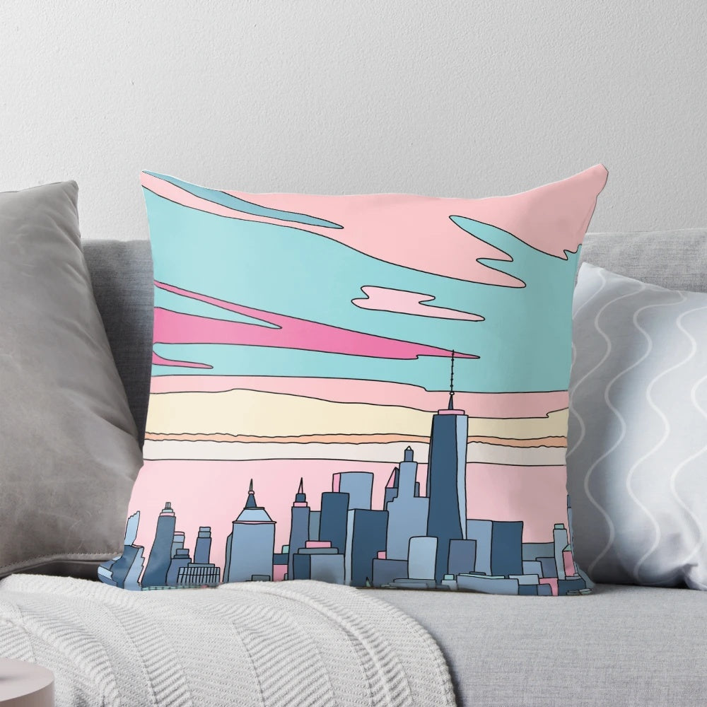 Retro cityscape pillow featuring a dreamy sunset over a vintage city skyline