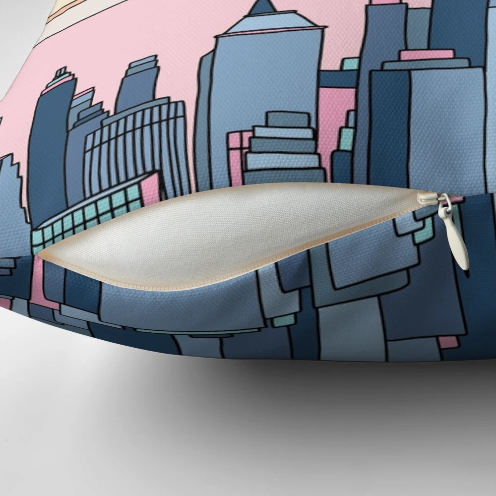 Retro cityscape pillow featuring a dreamy sunset over a vintage city skyline