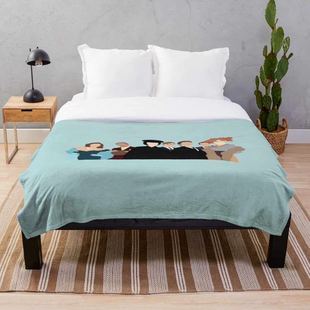 Plush blanket featuring the cast and characters from the classic mystery movie Clue