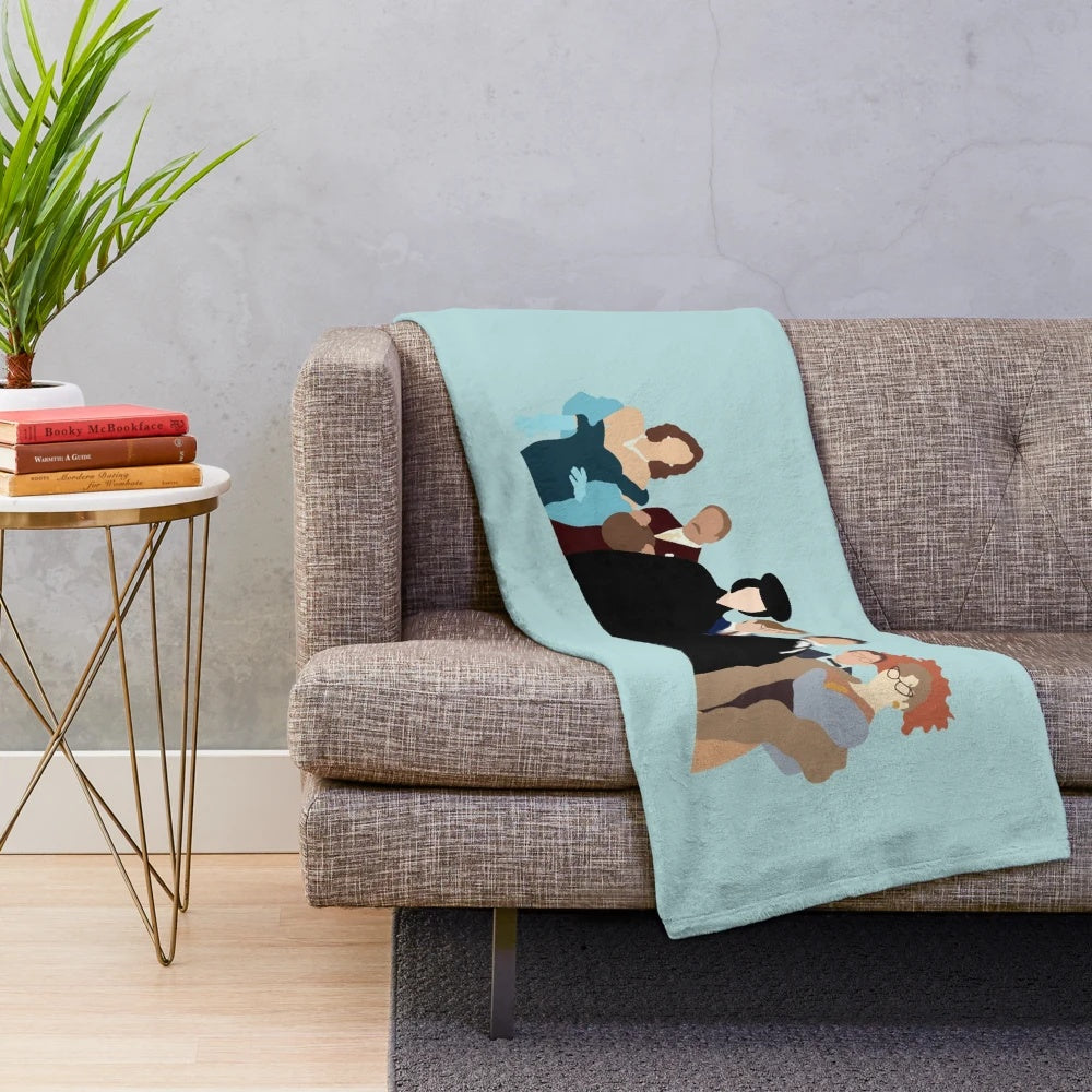 Plush blanket featuring the cast and characters from the classic mystery movie Clue