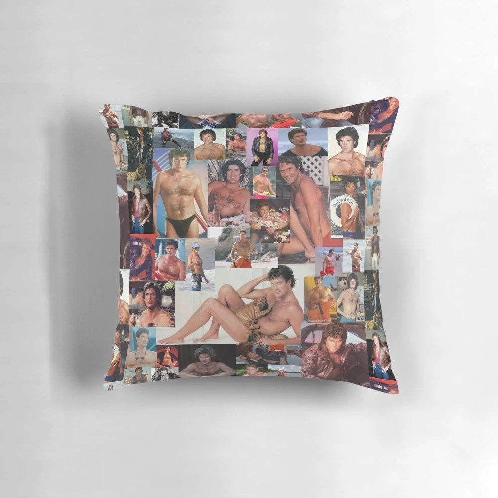 Retro collage pillow with David Hasselhoff, "The Hoff," imagery