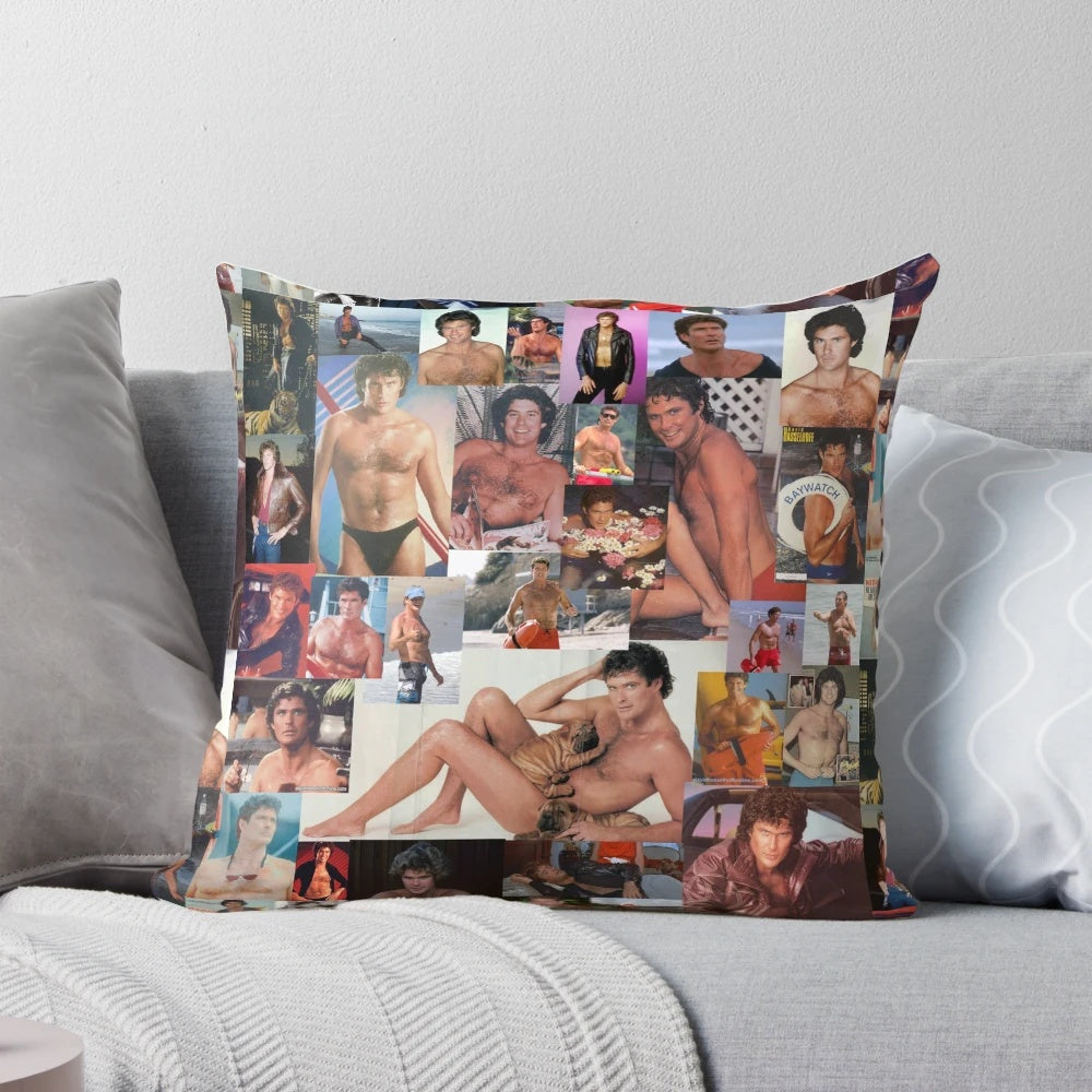 Retro collage pillow with David Hasselhoff, "The Hoff," imagery