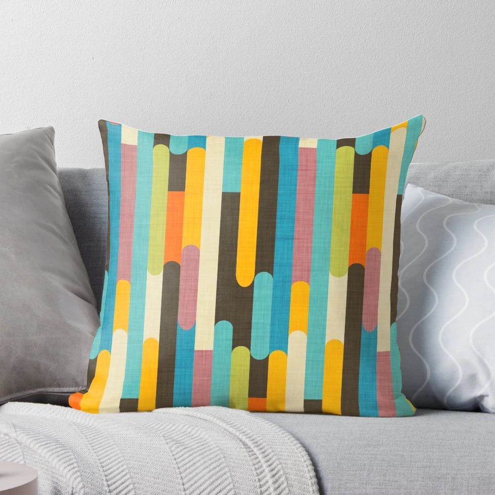 Retro color block popsicle sticks blue decorative throw pillow with abstract geometric pattern