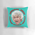 Throwback comedy Golden Girls themed pillow with humorous "Condoms, Rose!" design