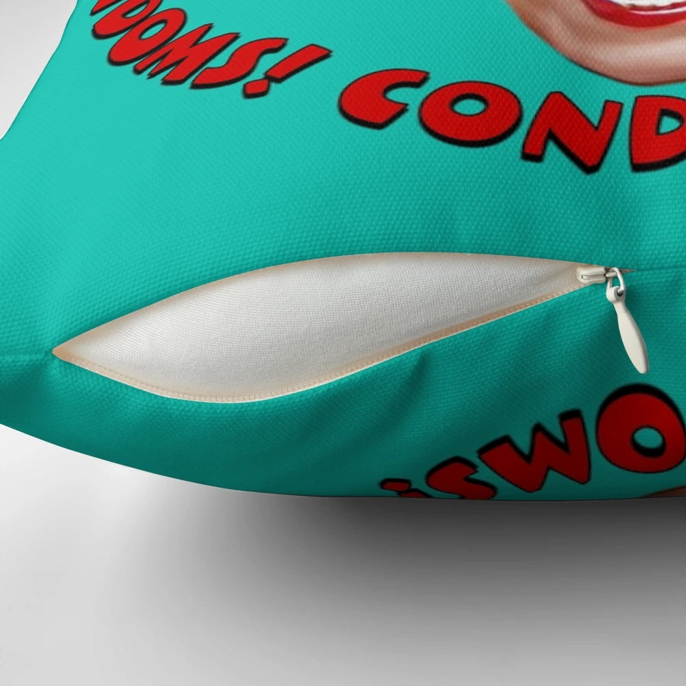 Throwback comedy Golden Girls themed pillow with humorous "Condoms, Rose!" design
