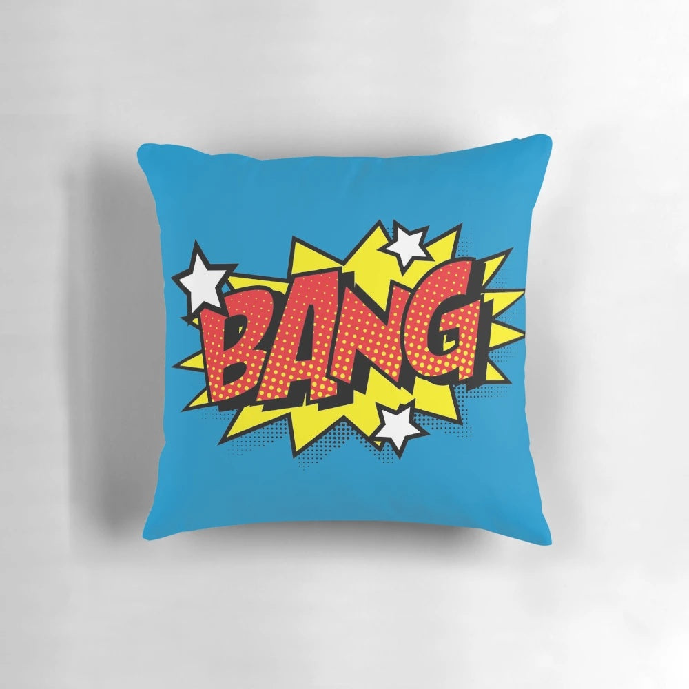 Decorative "Bang!" pop art comic pillow with explosion graphic
