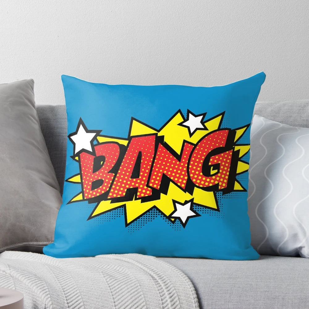Decorative "Bang!" pop art comic pillow with explosion graphic