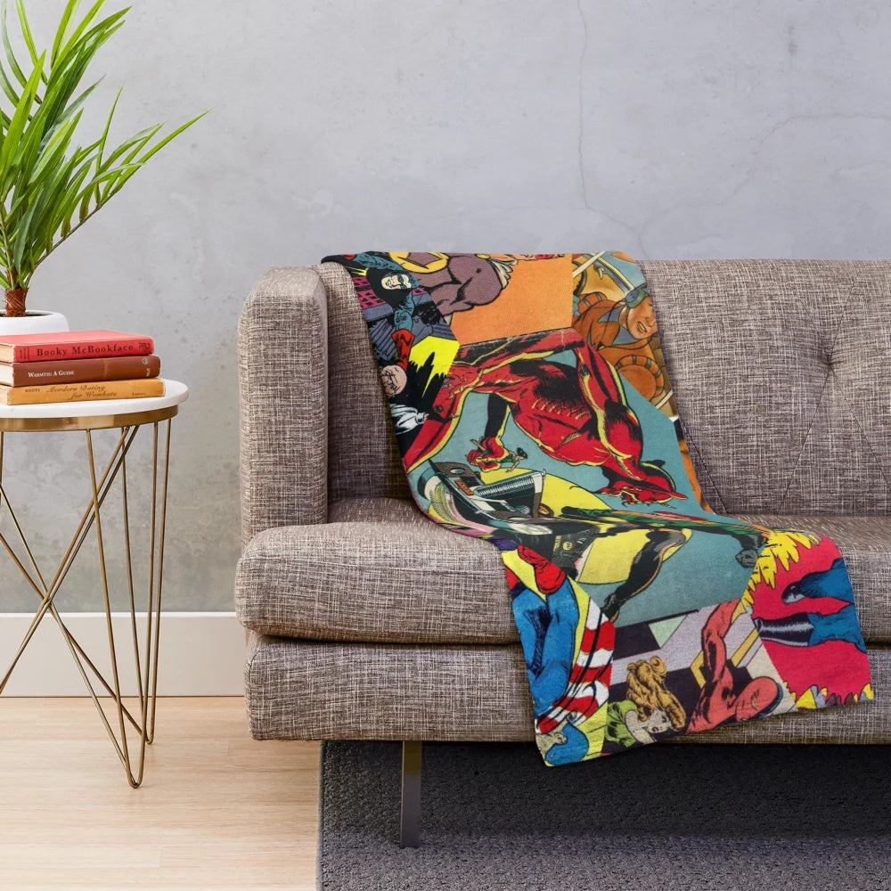 Retro comic book collage design on a plush blanket