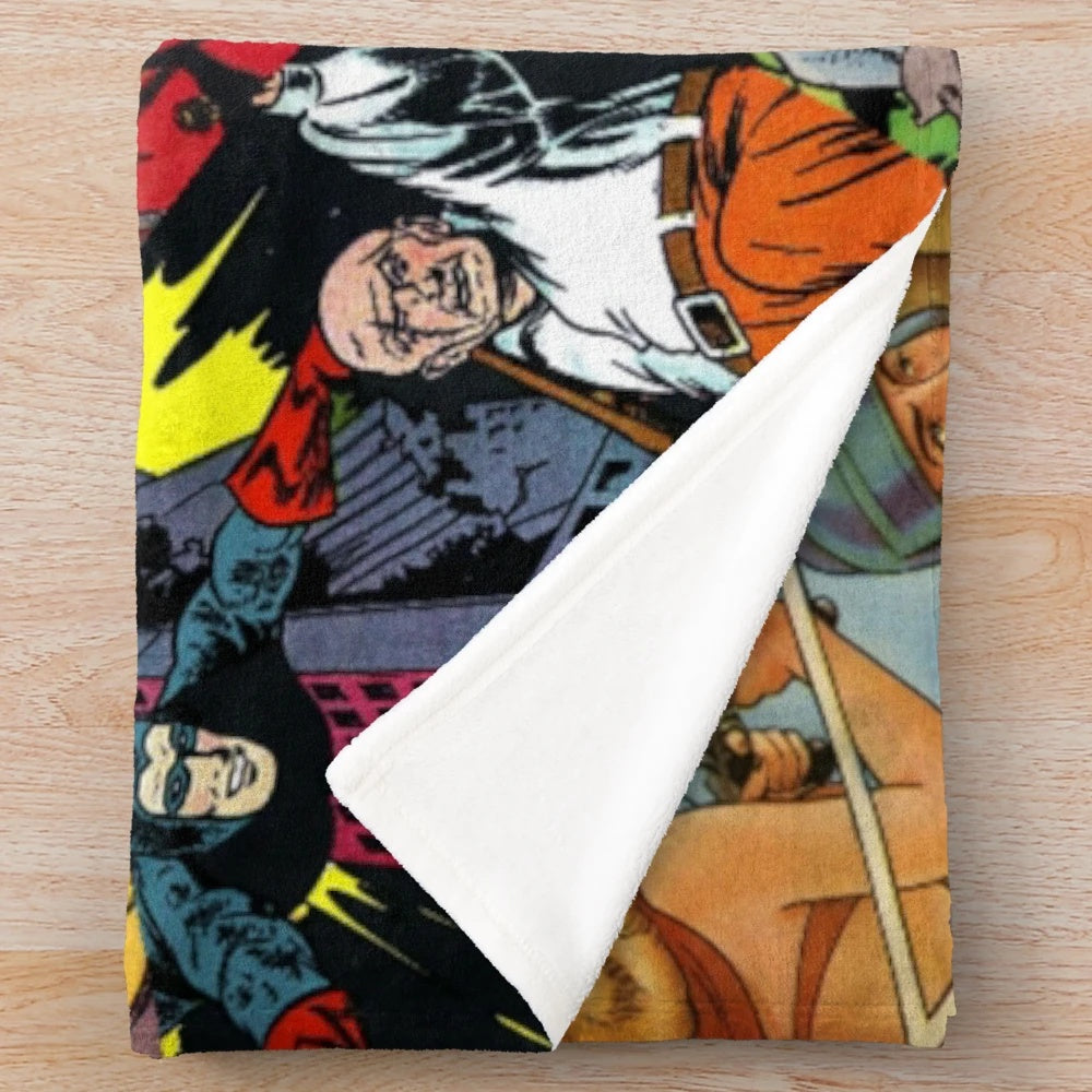 Retro comic book collage design on a plush blanket