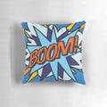 Vibrant retro comic book-inspired pop art pillow featuring a graphic design with superheroes and typography