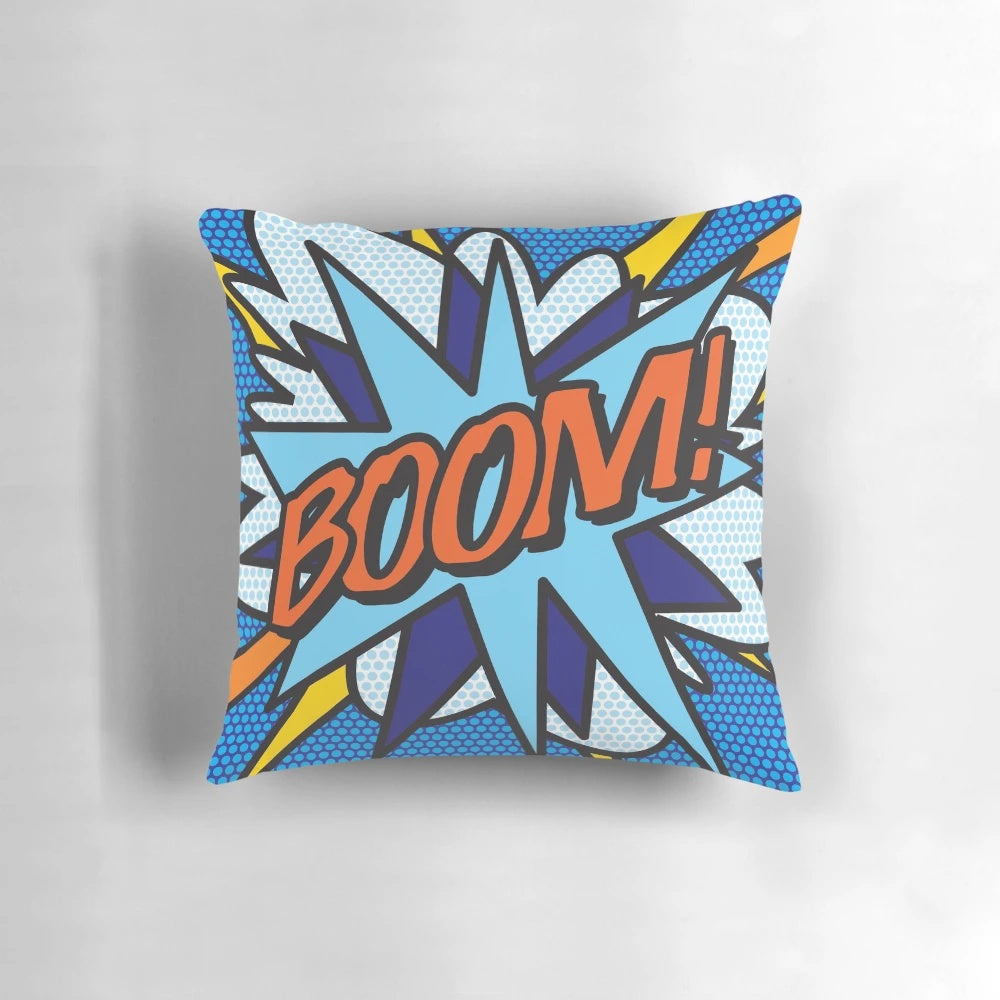 Vibrant retro comic book-inspired pop art pillow featuring a graphic design with superheroes and typography