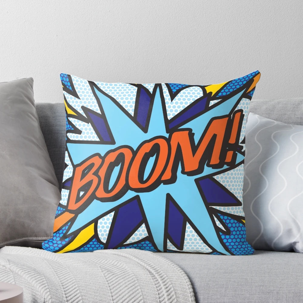 Vibrant retro comic book-inspired pop art pillow featuring a graphic design with superheroes and typography