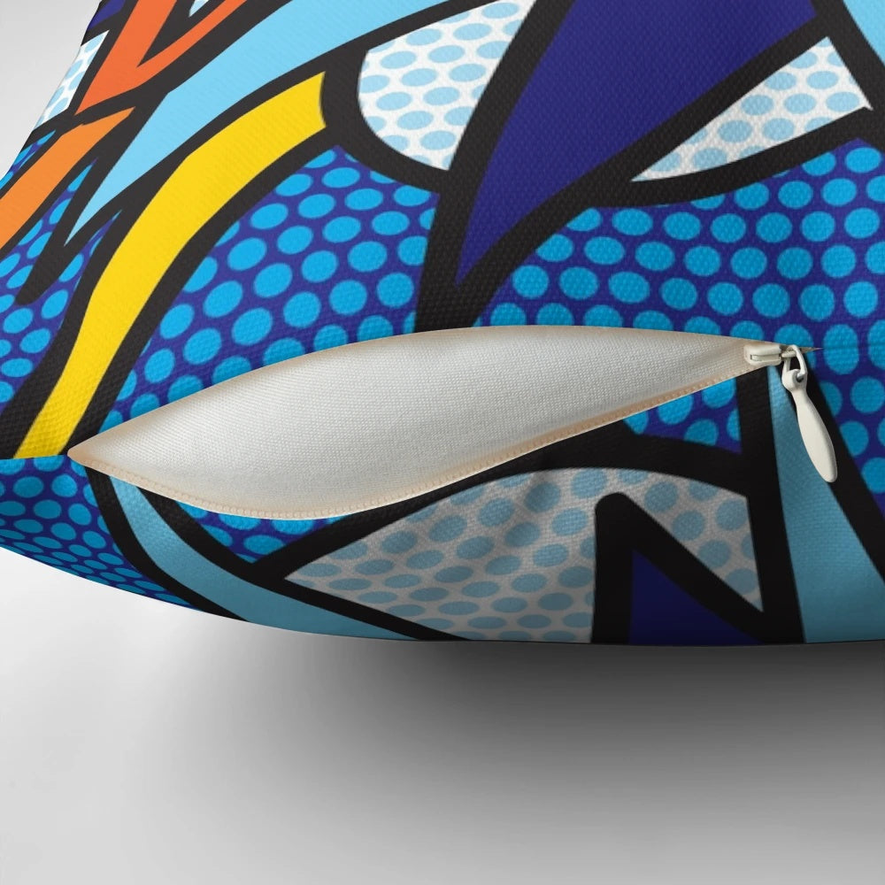 Vibrant retro comic book-inspired pop art pillow featuring a graphic design with superheroes and typography