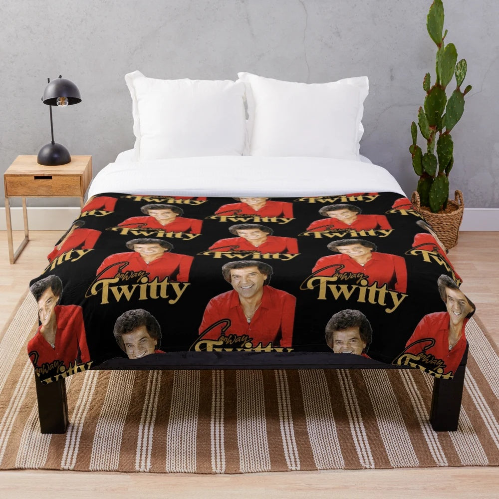 Retro country music plush blanket featuring the design of legendary country singer Conway Twitty