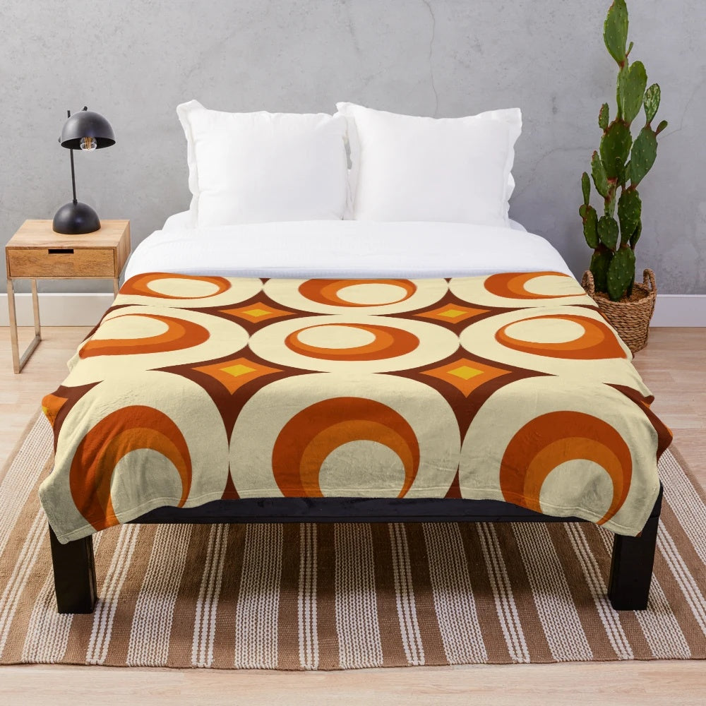 Mid-century modern inspired plush blanket with crescent moon and geometric pattern design
