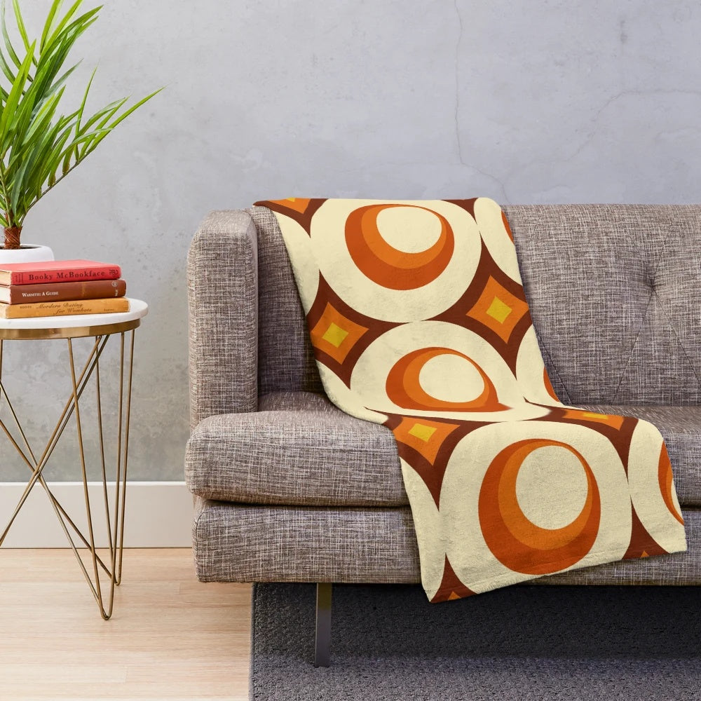 Mid-century modern inspired plush blanket with crescent moon and geometric pattern design