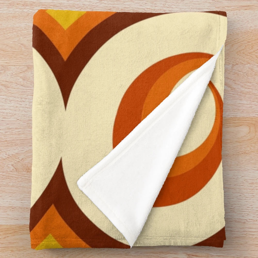 Mid-century modern inspired plush blanket with crescent moon and geometric pattern design