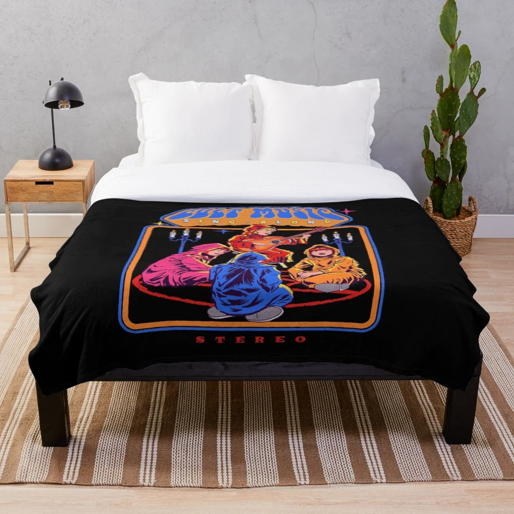 Retro cult music plush blanket featuring vintage designs and cult classic music references