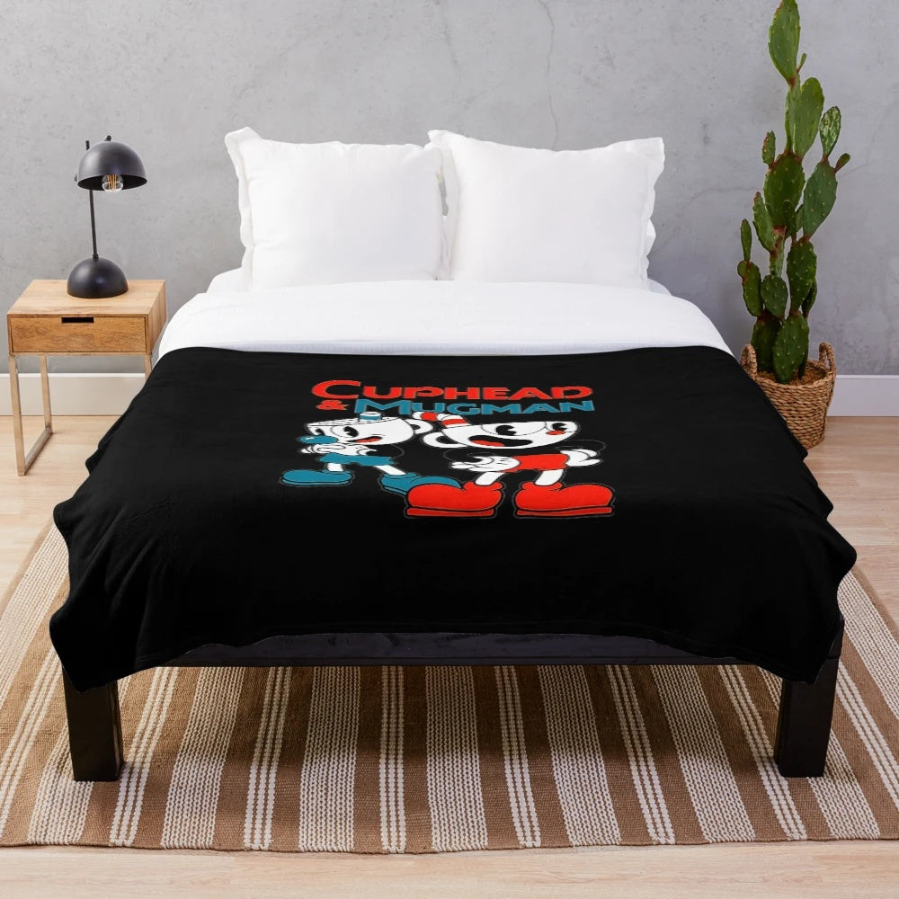 Retro Cuphead inspired plush blanket with cartoon characters Cuphead and Mugman