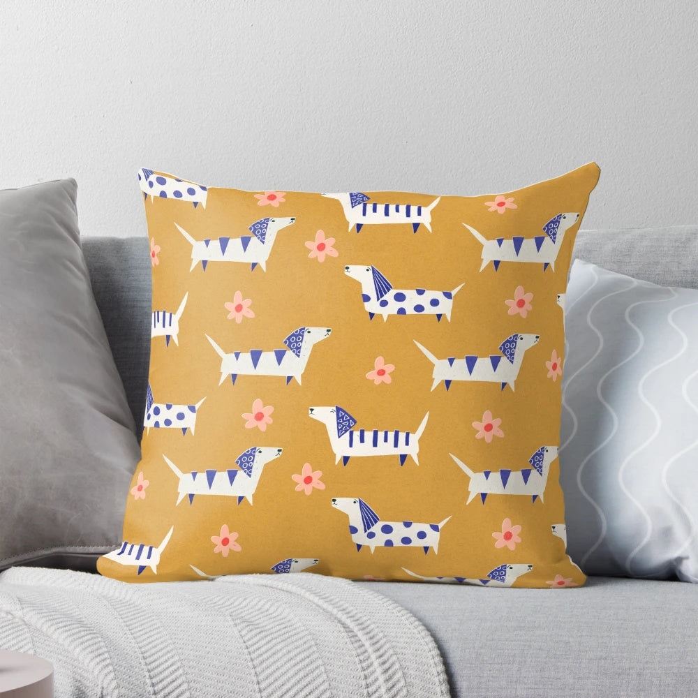 Vibrant retro-inspired dachshund dog paper cut pattern with daisy flowers on a decorative throw pillow.