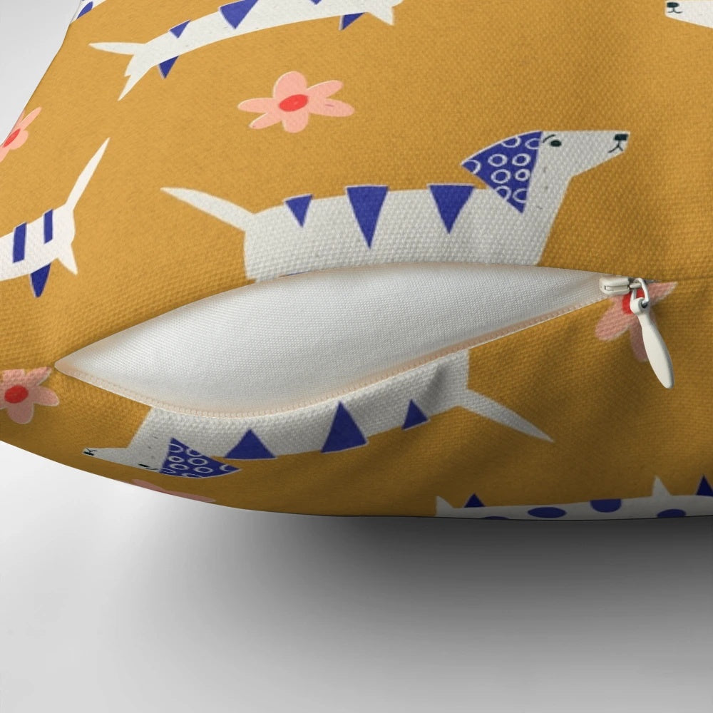 Vibrant retro-inspired dachshund dog paper cut pattern with daisy flowers on a decorative throw pillow.