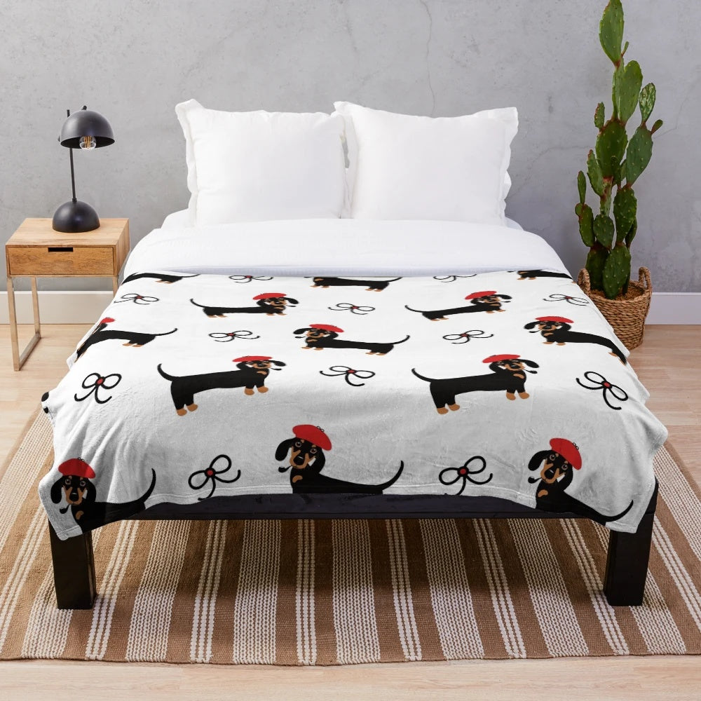 Retro-style dachshund sausage dog plush blanket