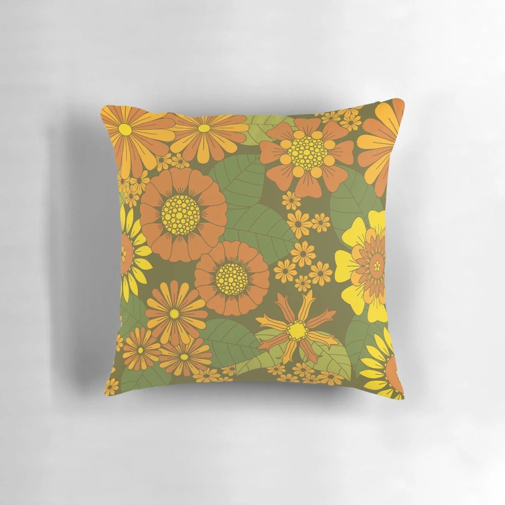 Vibrant retro daisy pattern throw pillow in shades of orange, brown, yellow, and green
