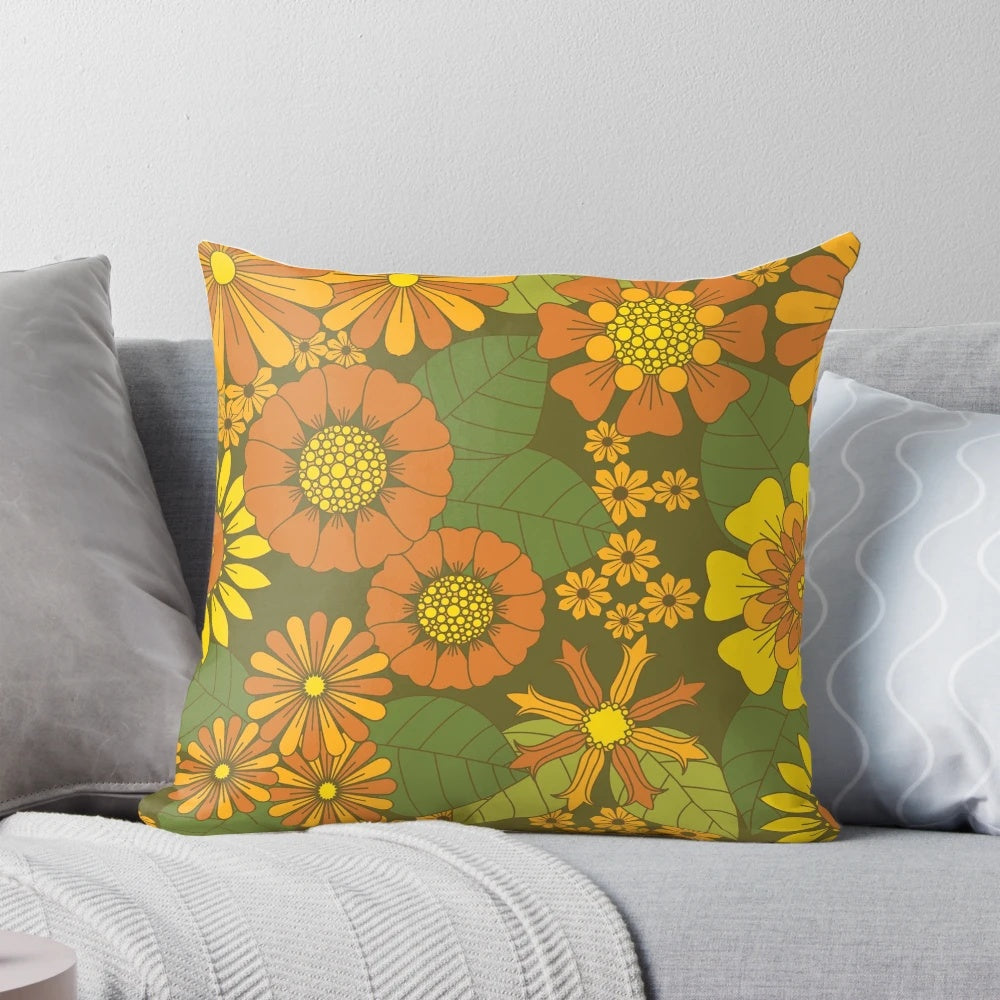 Vibrant retro daisy pattern throw pillow in shades of orange, brown, yellow, and green