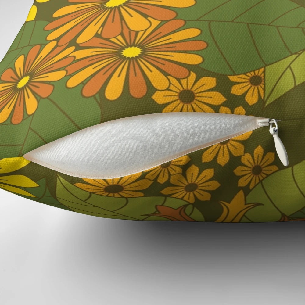 Vibrant retro daisy pattern throw pillow in shades of orange, brown, yellow, and green
