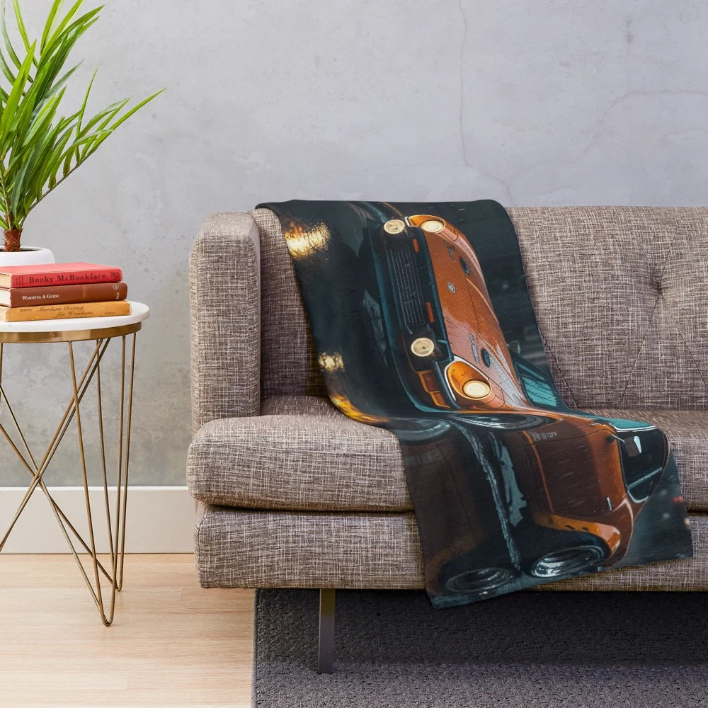 Datsun 280z inspired plush blanket in orange color