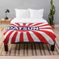 Vintage Datsun inspired plush blanket with retro automotive emblem