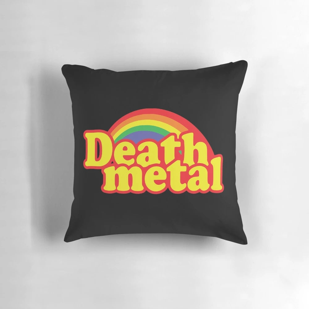 A vibrant, colorful death metal-inspired parody pillow with an eye-catching rainbow design.